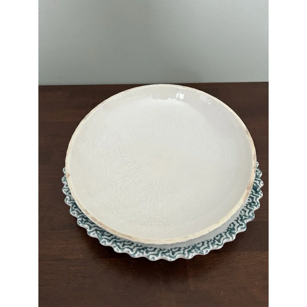 Blue Heart Spongeware 11”  Country Ceramic Pie Keeper Cottagecore Grannycore
